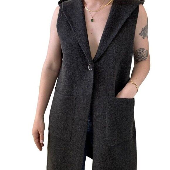 Womens Charcoal Gray Wool Blend Hooded Long Hippie Vest Jacket Sz M - Picture 3 of 8